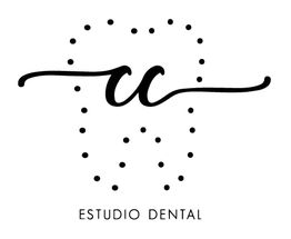 Logotipo de "Estudio Dental" con puntos y línea curva artística negra.