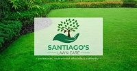 Lawn care logo with tree and hand on grass background. Text: "Santiago's Lawn Care".