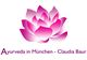 Eine pinke Lotusblume mit dem Text „Ayurveda in München - Claudia Baur“ darunter.