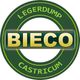 Groen logo met de tekst "BIECO" in geel; omringd door "LEGERDUMP CASTRICUM" in groene cirkel.