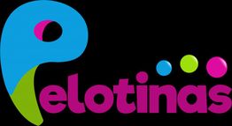 Logotipo colorido de "Pelotinas" con letras moradas y bolas de colores. Fondo negro.