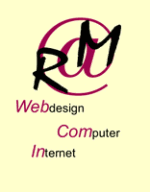 Logo mit "RM", "Webdesign", "Computer", "Internet". Hintergrund in hellem Gelbton.