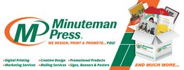 Minuteman Press logo with services listed and items coming out of a box.