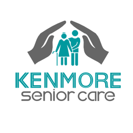 Logo of Kenmore Senior Care, showing hands enclosing elderly figures with a cane.