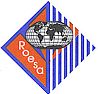 Logotipo geométrico con un mapa mundial y la palabra "Roesa" en un rombo azul y naranja.