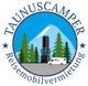 Logo mit Wohnmobil, Turm und Bergen, umgeben von "Taunuscamper" und Bäumen.