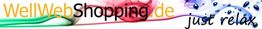Schriftzug "WellWebShopping.de, just relax" mit bunten Farbschlieren im Hintergrund.