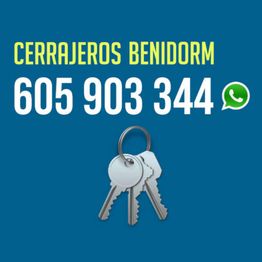 Texto "Cerrajeros Benidorm", número de teléfono, icono de WhatsApp y llaves en fondo azul.