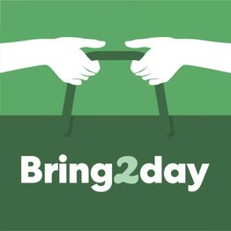 Zwei Hände halten eine Tasche, darunter der Text "Bring2day" auf grünem Hintergrund.