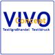 Logo mit Text "VIVO Concept", "Textilgrosshandel", "Textildruck" in Blau und Orange.