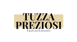 Logo con testo "Tuzza Preziosi Fashion & Jewels" su sfondo beige.