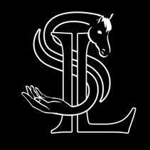 Weißes Pferde- und Handdesign auf schwarzem Hintergrund, bildet die Buchstaben "S" und "L".