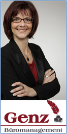 Porträt einer lächelnden Frau mit Brille und rotem Top, Logo "Genz Büromanagement" darunter.