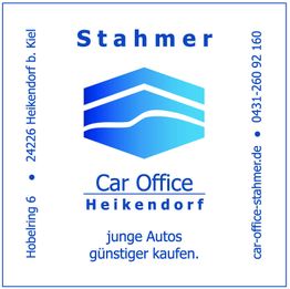 Logo von Stahmer Car Office Heikendorf mit Adresse und Slogan "junge Autos günstiger kaufen".