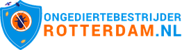 Logo van Ongediertebestrijder Rotterdam met schild en insecten.