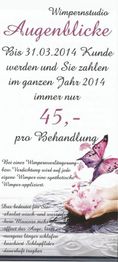 Werbung für ein Wimpernstudio mit Angebotspreis von 45€ pro Behandlung bis zum 31.03.2014.