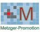 Logo mit großem "M", darunter steht "Metzger-Promotion", auf blauem Hintergrund mit Pixelmuster.