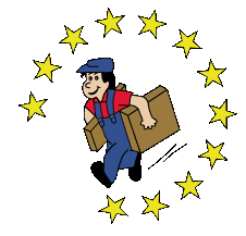 Lieferant mit Paketen, umgeben von gelben Sternen im Kreis, die EU-Symbol darstellen.