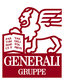 Rotes Logo der Generali Gruppe mit geflügeltem Löwen und offenem Buch mit lateinischer Inschrift.