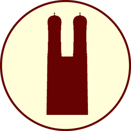 Silhouette von zwei Kirchtürmen in einem Kreis auf hellgelbem Hintergrund.