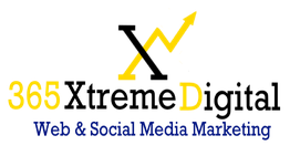 Gelbes Diagramm mit Pfeil nach oben, Text: "365 D Web & Social Media Marketing" in Gelb und Blau.