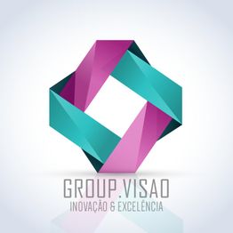 Logo com formas em espiral verde e rosa e texto "GROUP.VISAO Inovação & Excelência".