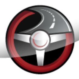A logo with a road curving around a red and silver steering wheel design.