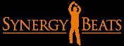 Logo mit orangefarbener Silhouette einer Person und Text "Synergy Beats" auf schwarzem Hintergrund.