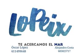 Texto "LoPeix", "Te acercamos el mar", nombres y números de contacto.