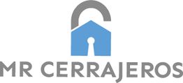 Logo de MR Cerrajeros con un candado abierto en gris y azul.