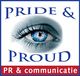 Blauw oog met tekst "Pride & Proud". Onderliggende rode balk met "PR & communicatie".