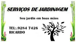 Cartão de serviços de jardinagem com telefone e nome Ricardo. Desenho de uma árvore e plantas.