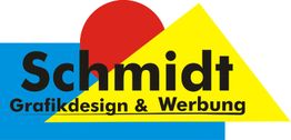 Logo mit Text "Schmidt Grafikdesign & Werbung" und geometrischen Formen in Blau, Rot und Gelb.
