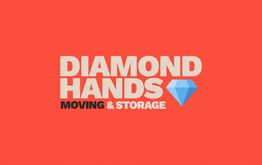 "Logo for Diamond Hands Moving & Storage with a blue gem on an orange background."