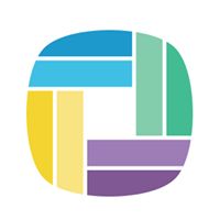 Colorful geometric shape with segments in blue, green, yellow, and purple.