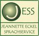 Logo mit Schrift "JESS Jeannette Eckel Sprachservice" auf beigem Hintergrund.