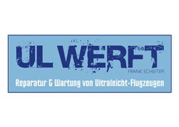 Blaues Logo mit Text: "UL WERFT, Reparatur & Wartung von Ultraleicht-Flugzeugen".