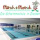 Logo der Schwimmschule Plitsch Platsch mit Schwimmbecken im Innenbereich.