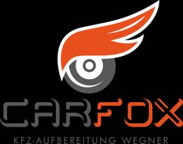 Logo: Ein orange-grauer Fuchsflügel über einem Rad, Text: "CARFOX KFZ-Aufbereitung Wegner".