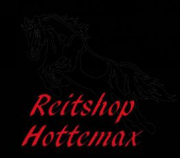 Schwarzes Bild mit roter Schrift "Reitshop Hottemax" und Umriss eines springenden Pferdes.