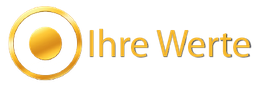 Logo mit goldener Kugel und Text "Ihre Werte" in goldener Schrift.