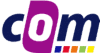 Logo mit dem Text "com" in Blau und Pink. Unten sind fünf kleine bunte Quadrate.