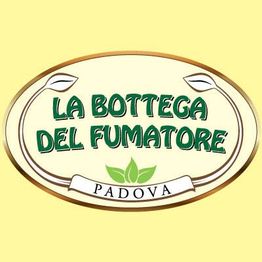 Logo con scritta "La Bottega del Fumatore", decorato con foglie verdi su sfondo giallo.