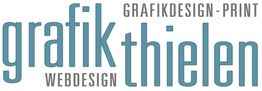 Grafik mit Schriftzug: Grafikdesign-Print, Grafik Thielen, Webdesign in blaugrauer Farbe.