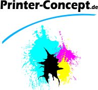 Logo von Printer-Concept.de mit bunten Farbspritzern und schwarzem Tintenklecks.