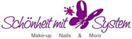 Logo mit lila Schmetterling und Schrift: "Schönheit mit System. Make-up, Nails & More".