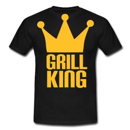 Schwarzes T-Shirt mit gelber Krone und Aufschrift "Grill King".