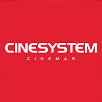 Logotipo Cinesystem Cinemas em fundo vermelho, com texto branco.