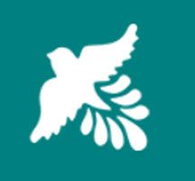 Weißer Vogel mit abstrakten Flügeln auf grünem Hintergrund.