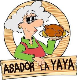 Caricatura de una abuela con pavo asado; texto: "Asador La Yaya" en letrero de madera.